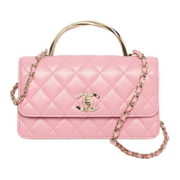 Chanel Quilted Leather Crystal Embellished Clutch Handbag with Chain Strap Pink - Picture 1 of 13